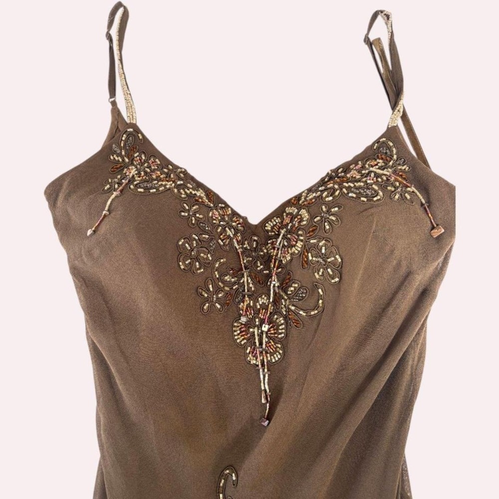 y2k vintage insane Sue Wong brown/olive mossy green brown beaded silk dress 2 - Picture 3 of 7